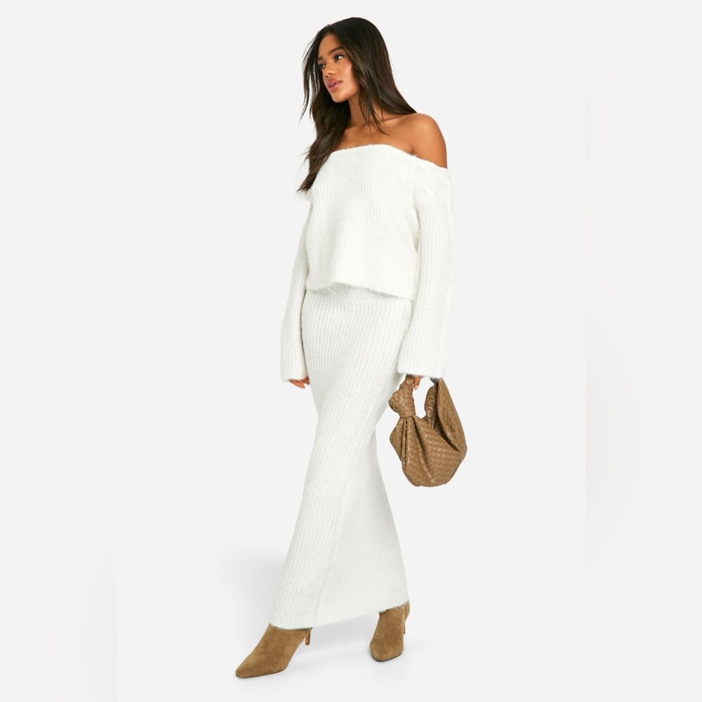 Boohoo Knitted Oversized Bardot Jumper And Maxi Skirt Set